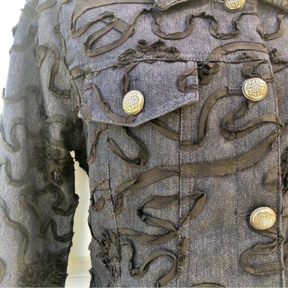 Analogy Black Trim Classic Denim Jacket Top Stitching Detail Silver Tone Buttons - Picture 7 of 16